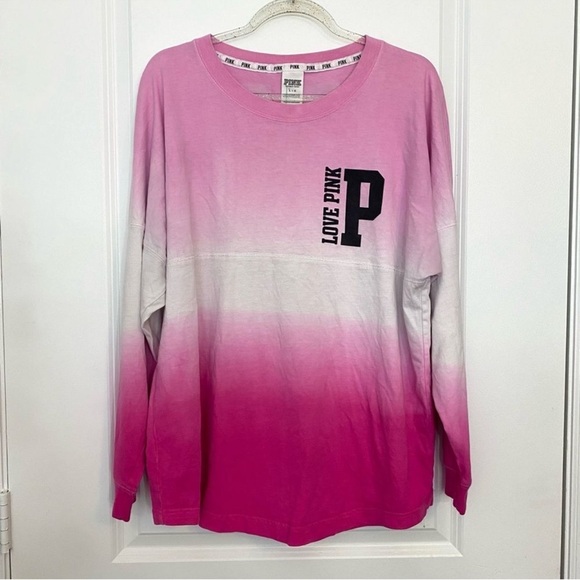 PINK VS Pink Black Long Sleeve Oversized Ombre Varsity Jersey Sweatshirt Large - Picture 3 of 9